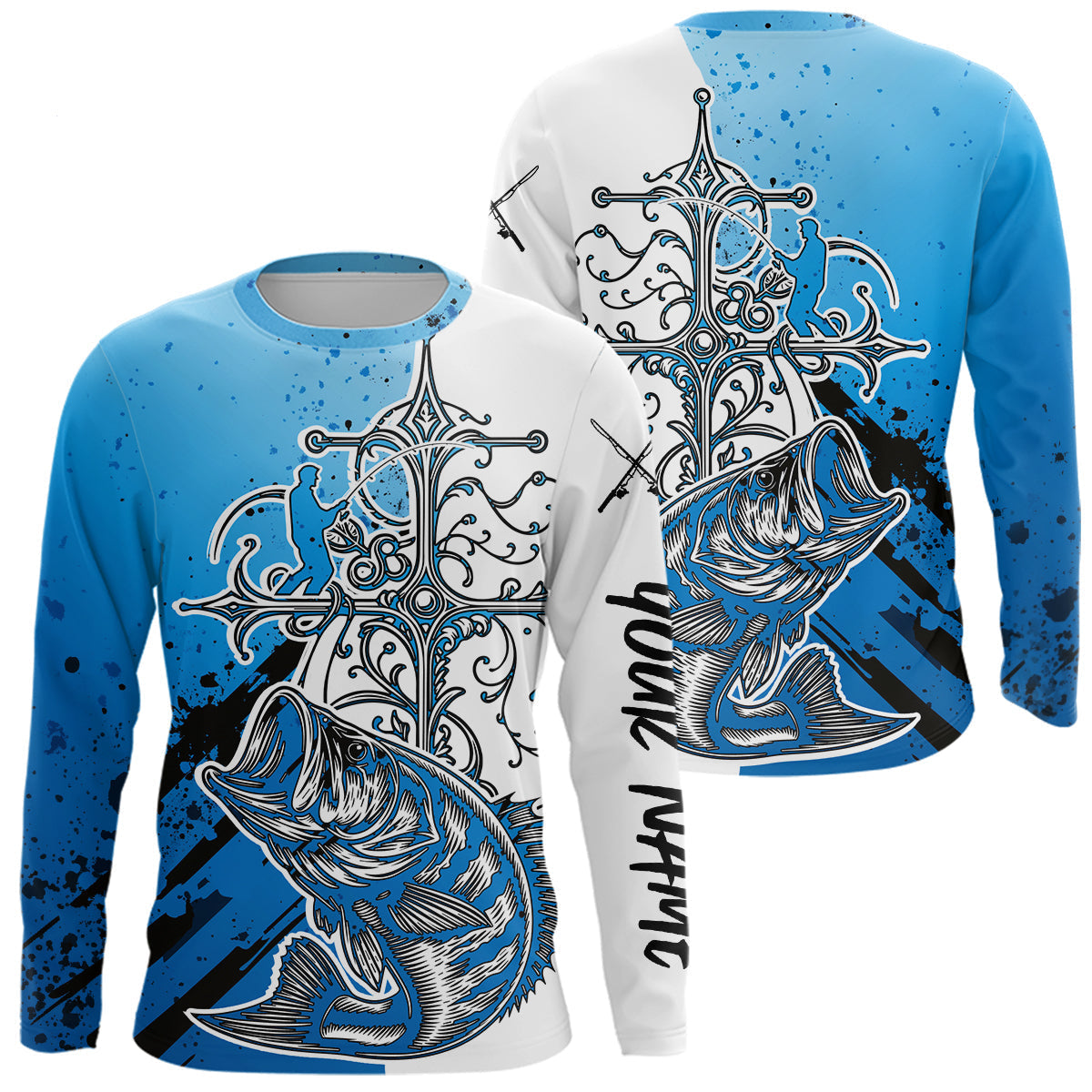 Blisscorners Custom Blue Camo Faith Largemouth Bass Long Sleeve Tournament Fishing Shirts LM0607