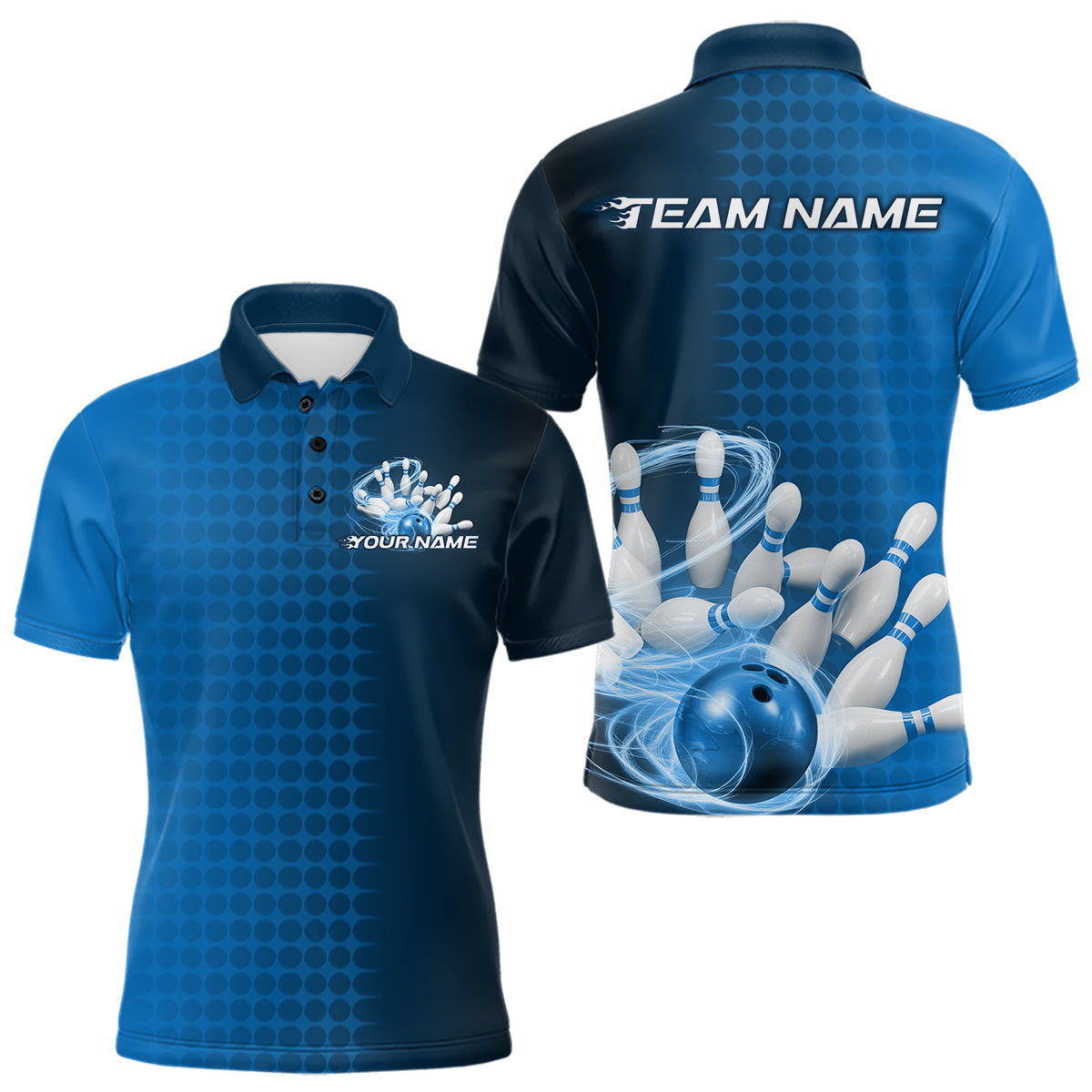 Maxxcorners Custom Blue Flame Bowling Polo Shirts For Men, Bowling Tournament Team Shirt MT0307