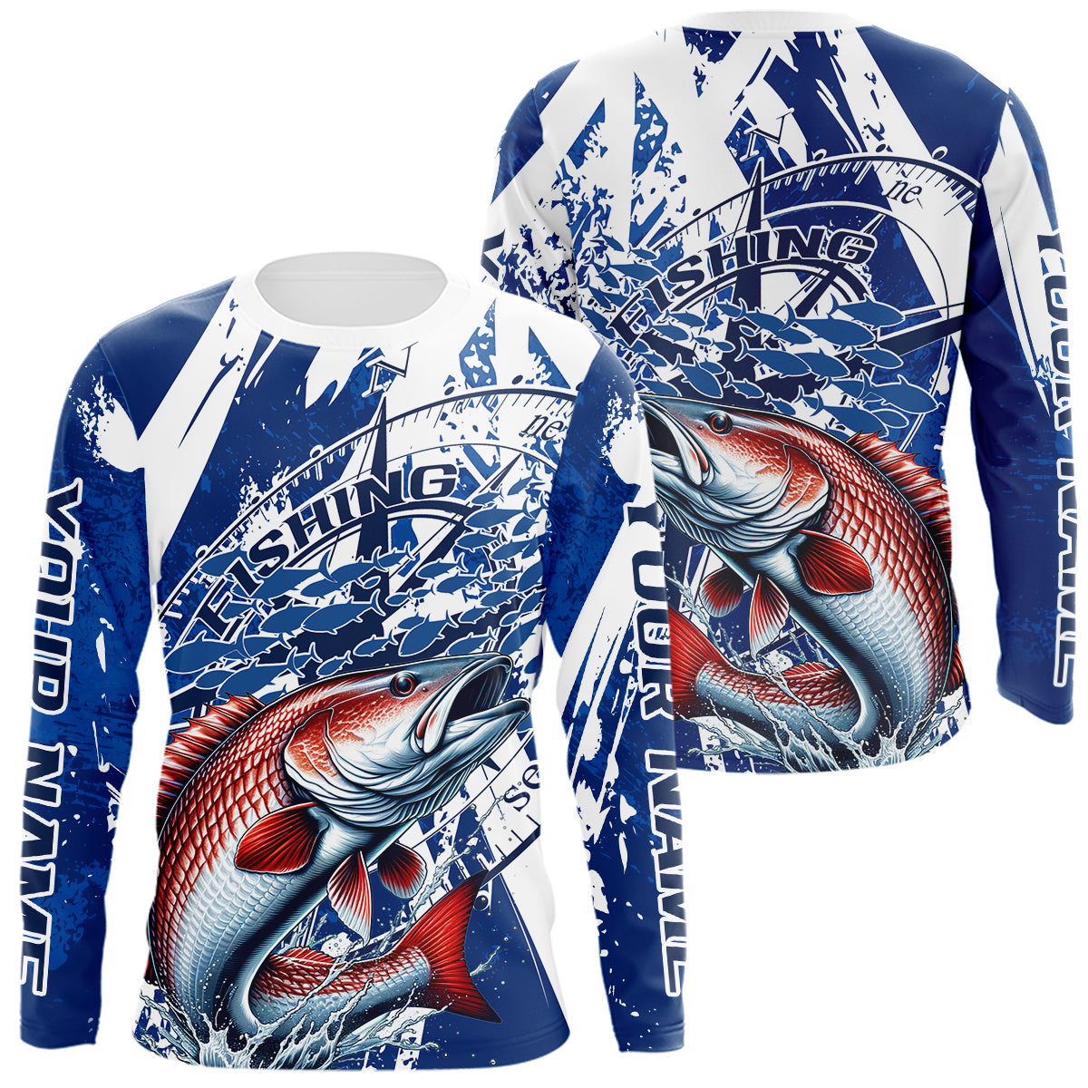Blisscorners Custom Blue Camo Redfish Puppy Drum Saltwater Fishing Long Sleeve Performance Fishing ShirtsLM0607