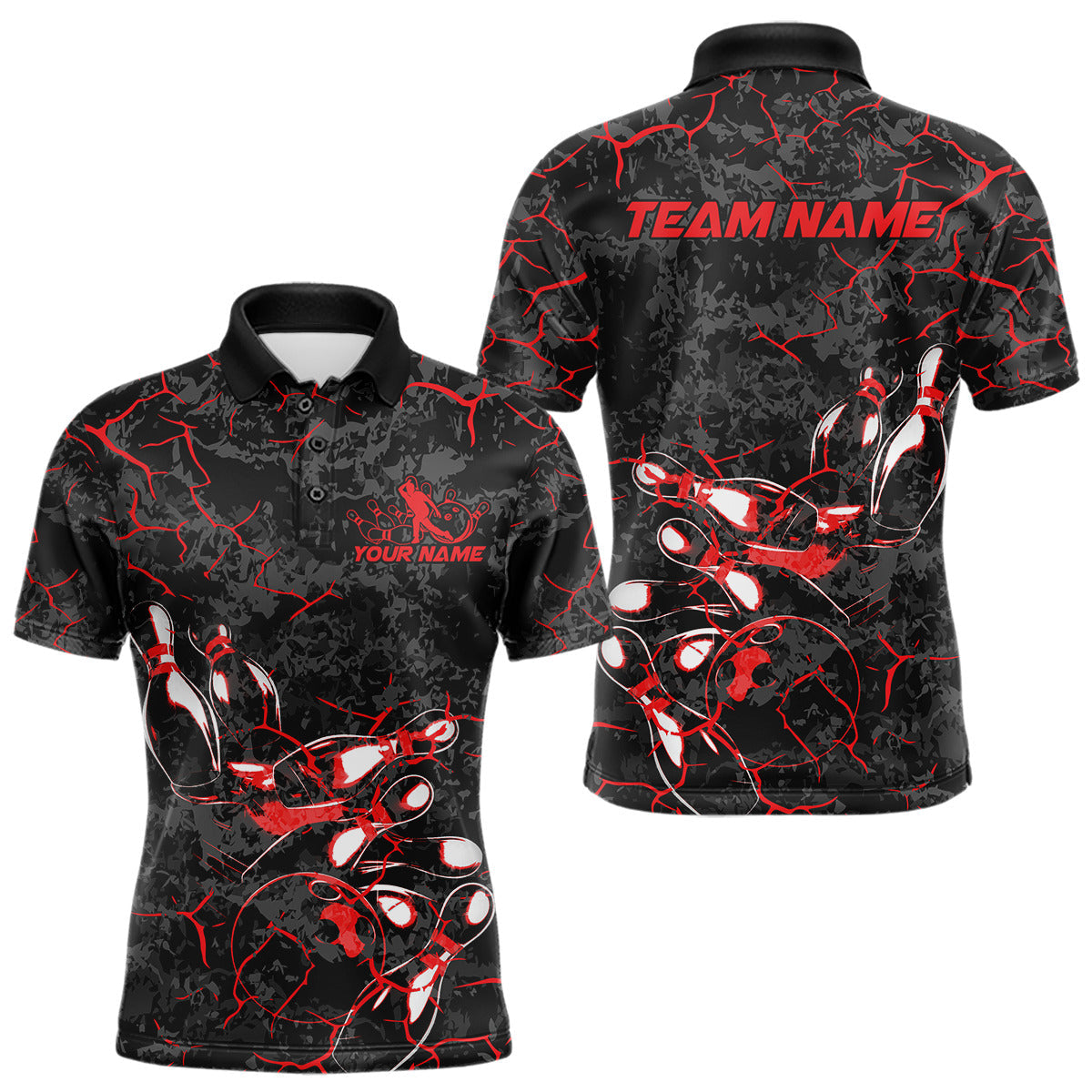Blisscorners Custom Black And Red Camo Bowling Team Polo Shirts For Men, Bowling League Shirt MT2306