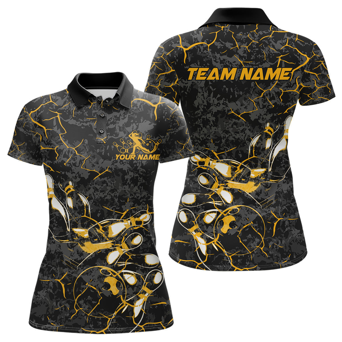 Blisscorners Custom Black And Yellow Camo Bowling Team Polo Shirts For Men, Bowling League Shirt MT2306