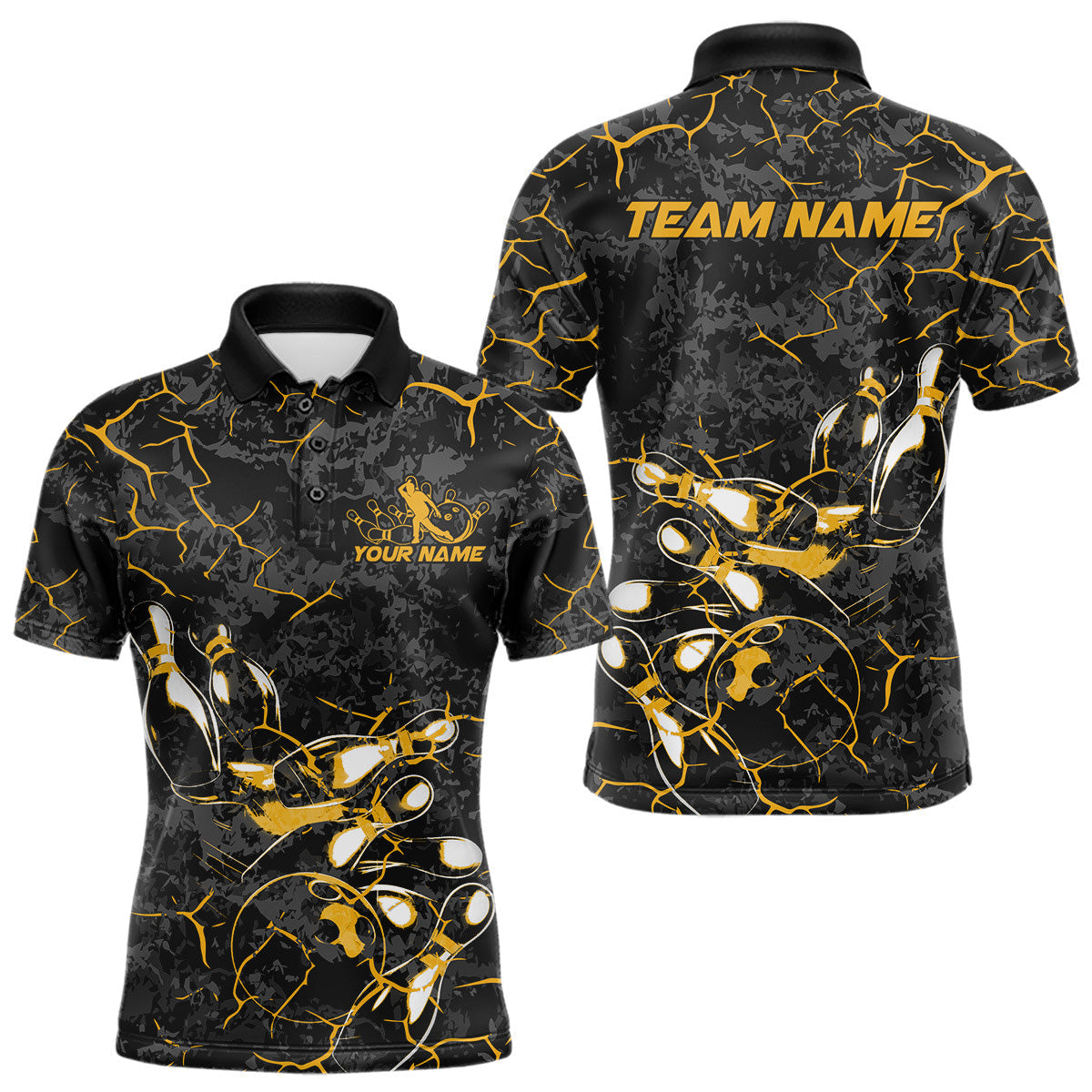 Blisscorners Custom Black And Yellow Camo Bowling Team Polo Shirts For Men, Bowling League Shirt MT2306