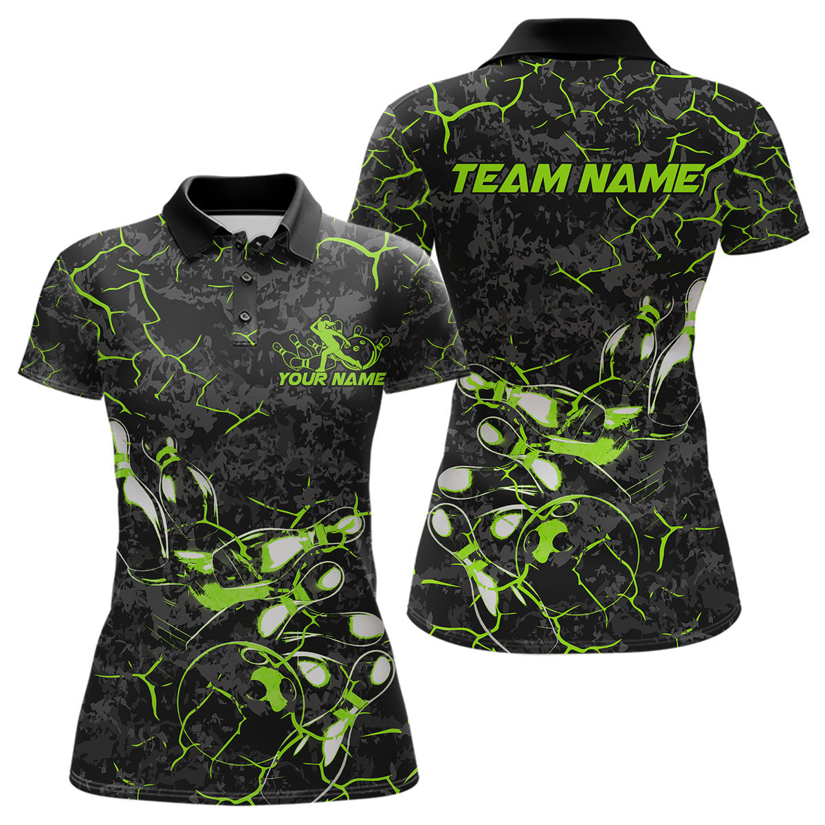 Blisscorners Custom Black And Green Camo Bowling Team Polo Shirts For Men, Bowling League Shirt MT2306