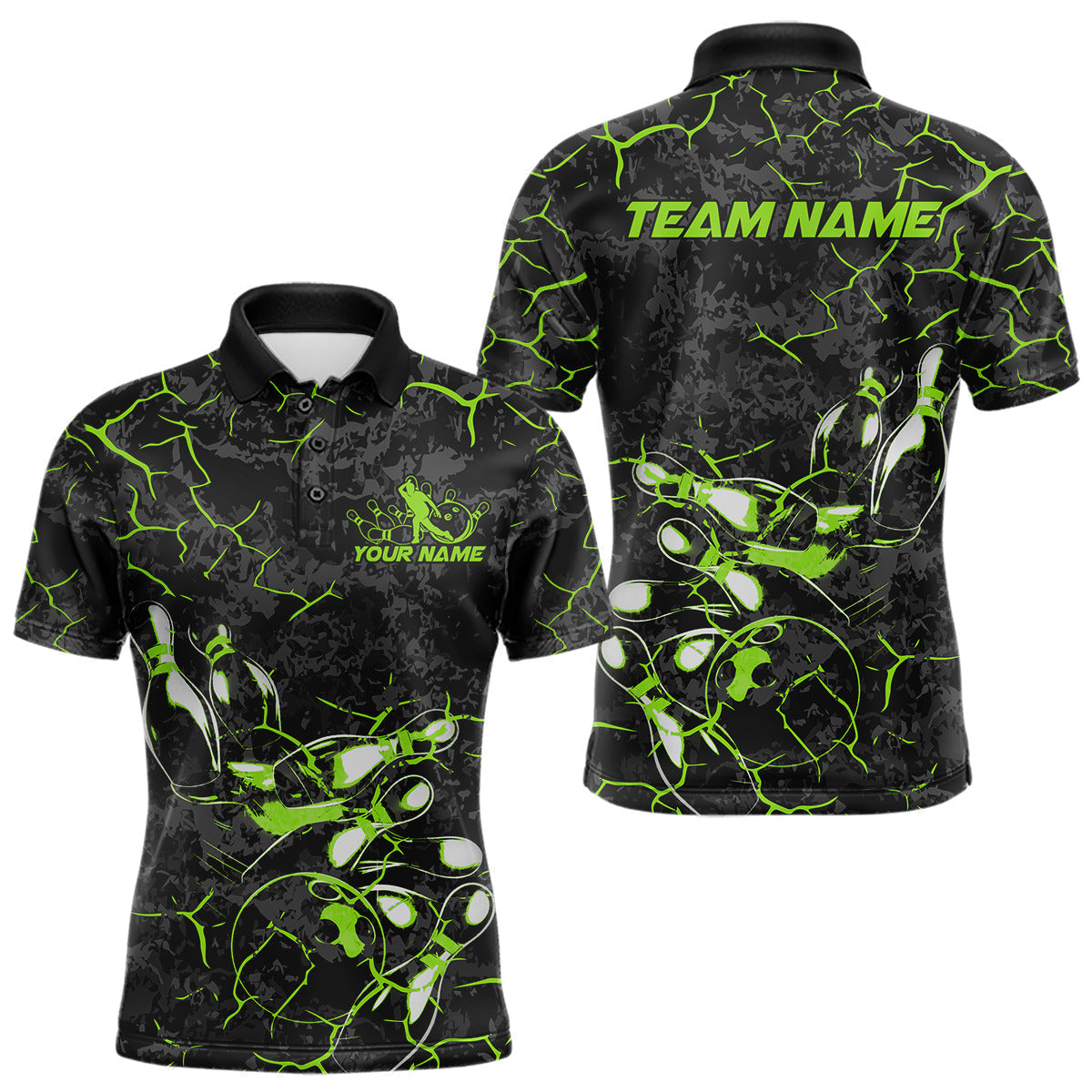 Blisscorners Custom Black And Green Camo Bowling Team Polo Shirts For Men, Bowling League Shirt MT2306