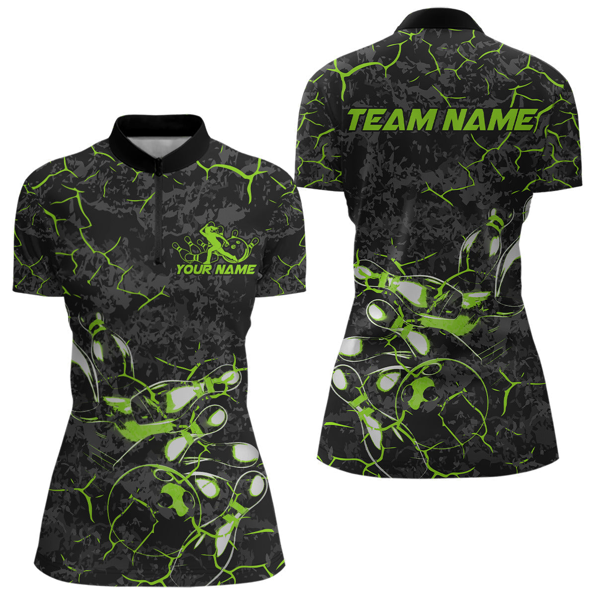 Blisscorners Custom Black And Green Camo Bowling Team Polo Shirts For Men, Bowling League Shirt MT2306