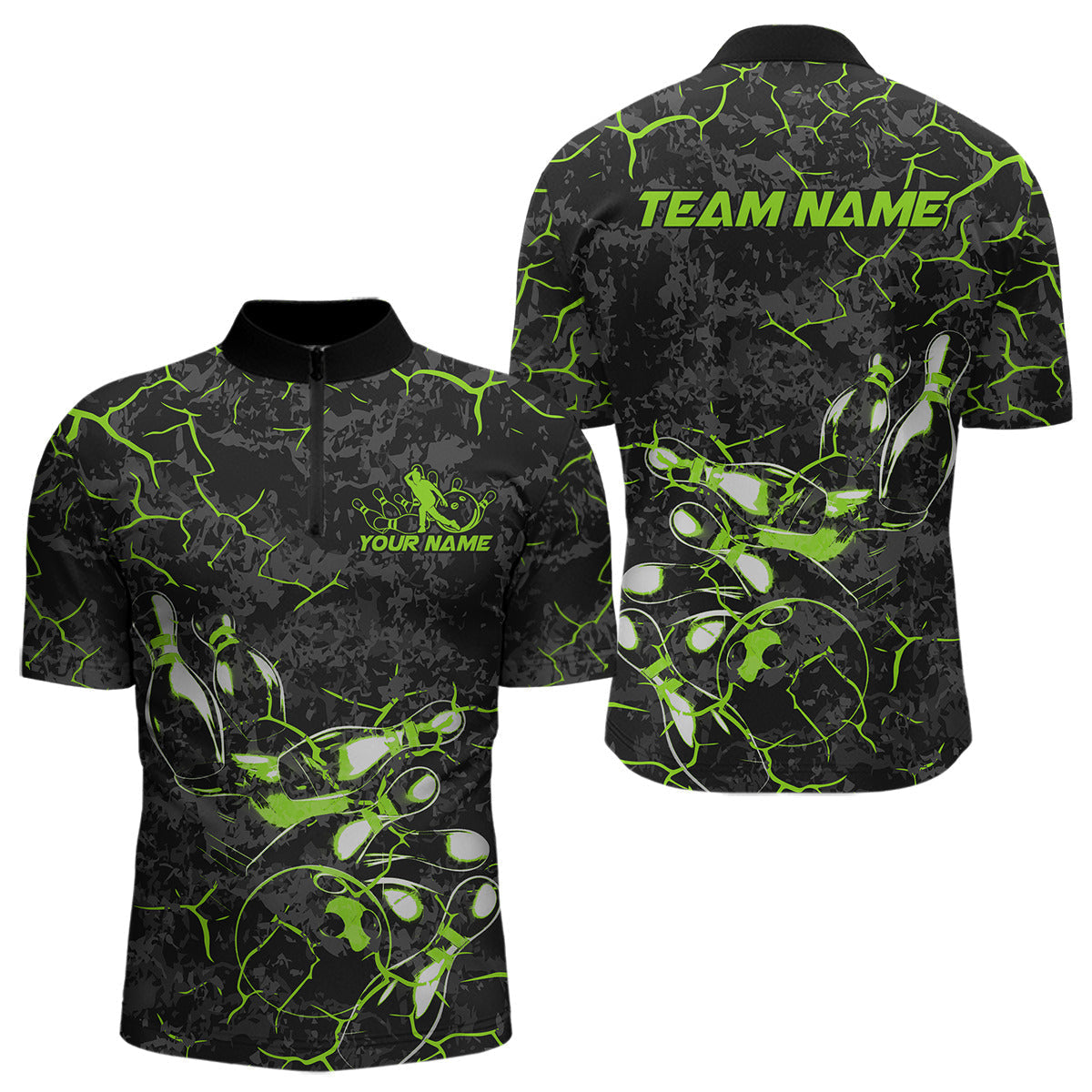 Blisscorners Custom Black And Green Camo Bowling Team Polo Shirts For Men, Bowling League Shirt MT2306