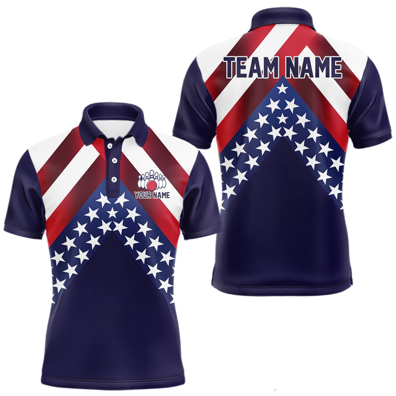 Blisscorners Red, White & Blue American Flag Mens Bowling Polo, 1/4 Zip Shirt Custom Patriotic Team Bowling Jersey LM0607