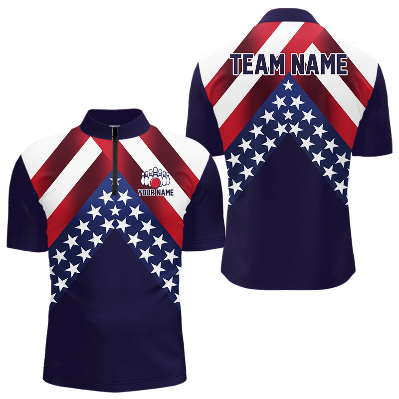 Blisscorners Red, White & Blue American Flag Mens Bowling Polo, 1/4 Zip Shirt Custom Patriotic Team Bowling Jersey LM0607