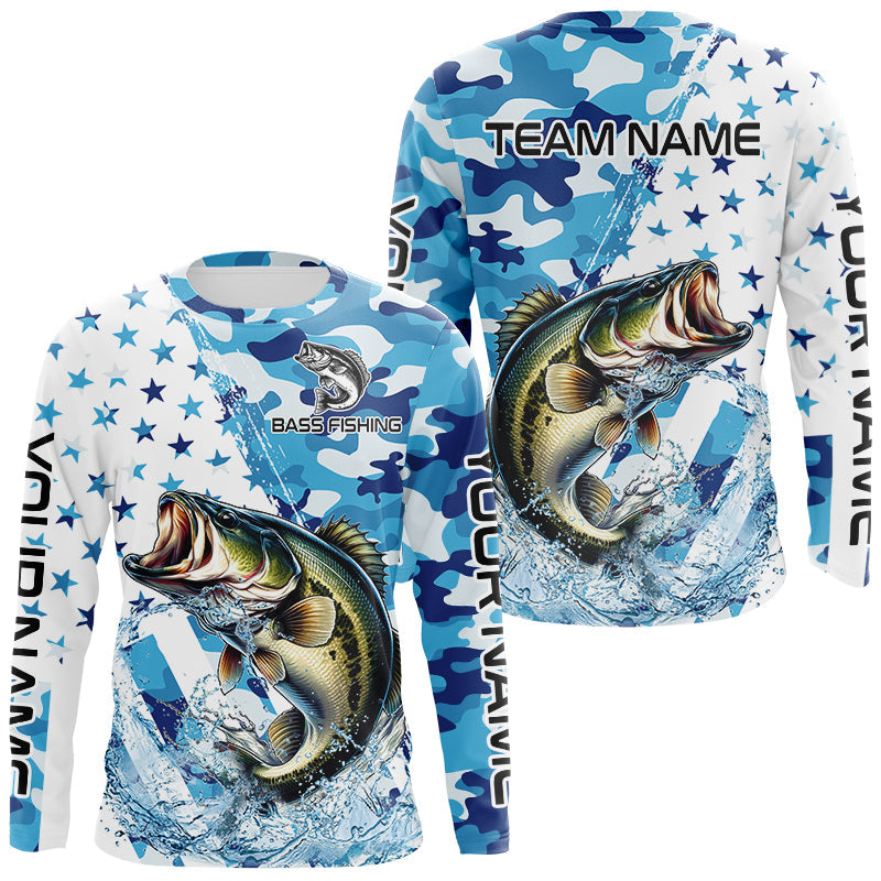 Blisscorners Blue Camo American Flag Bass Fishing Custom Long Sleeve Fishing Shirts Personalized Bass Fishing Gifts LM0607