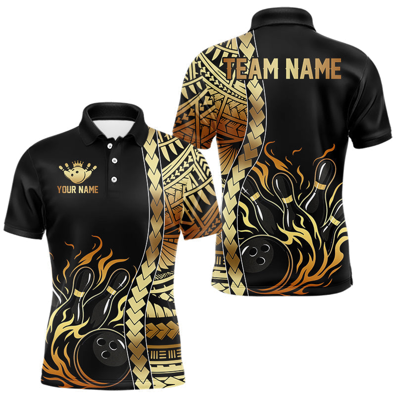 Blisscorners Custom Black And Gold Flame tribal pattern Bowling Team Polo, 1/4 Zip Shirts For Men, Bowling Jerseys MT1706