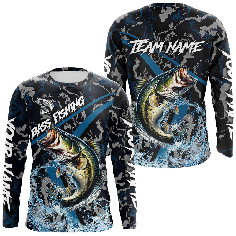 Blisscorners Custom Largemouth Bass Fishing Camo Long Sleeve Fishing Shirts, Personalized Bass Fishing Team Jerseys LM0607