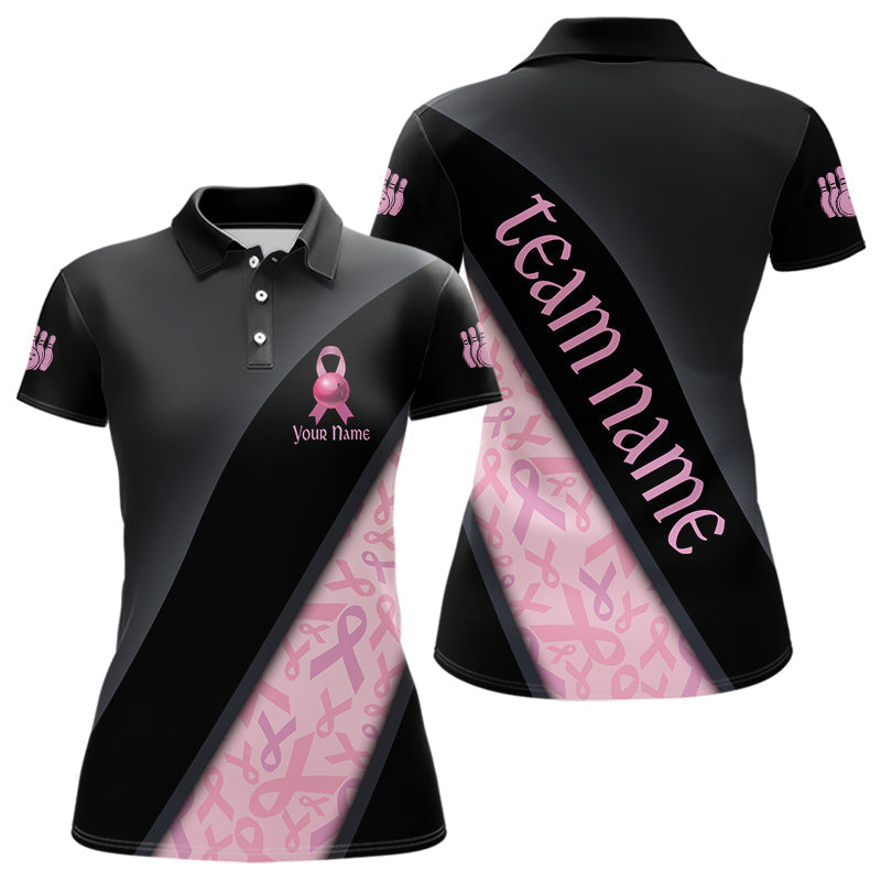 Blisscorners Black and Pink Ribbon Breast cancer Bowling Polo, 1/4 Zip Shirt for Men Custom Bowling Team Jersey