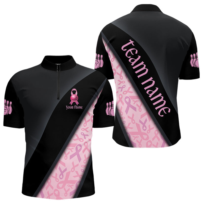 Blisscorners Black and Pink Ribbon Breast cancer Bowling Polo, 1/4 Zip Shirt for Men Custom Bowling Team Jersey