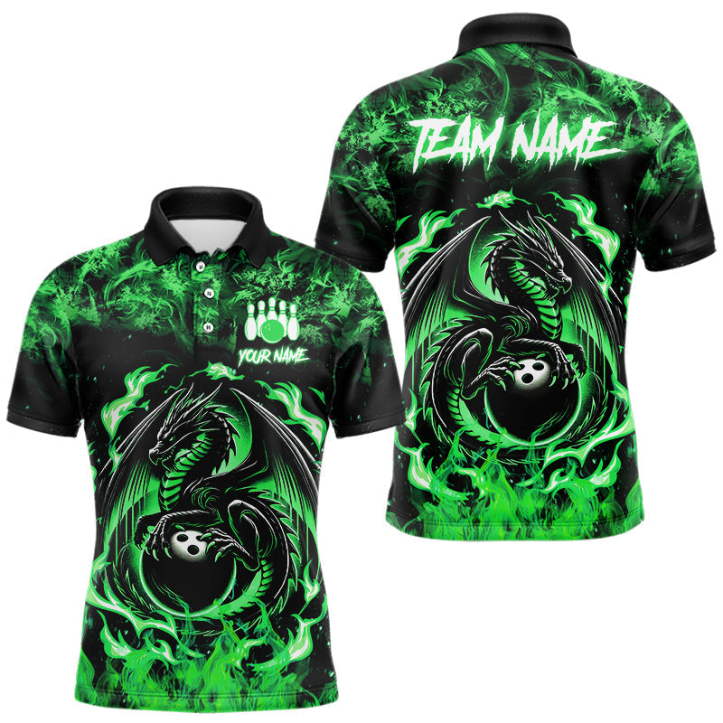Blisscorners Black and Green Flame Dragon bowling shirts for Men Custom Bowling Team Jersey, gift for Bowler MT1007