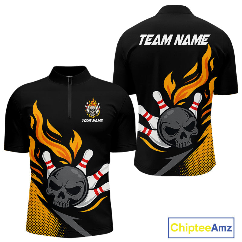 Blisscorners Custom Black and Yellow Flame Skull Bowling shirts for Men, bowling team league jerseys with Name LM1307