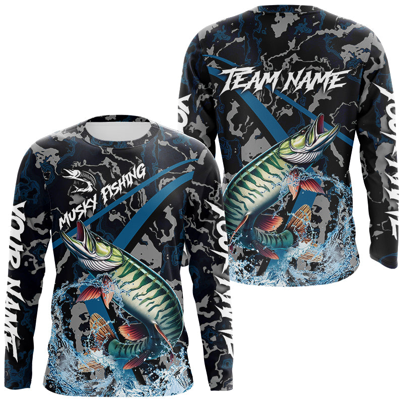 Blisscorners Custom Musky Fishing Camo Long Sleeve Fishing Shirts, Personalized Muskie Fishing Team Jerseys LM0607