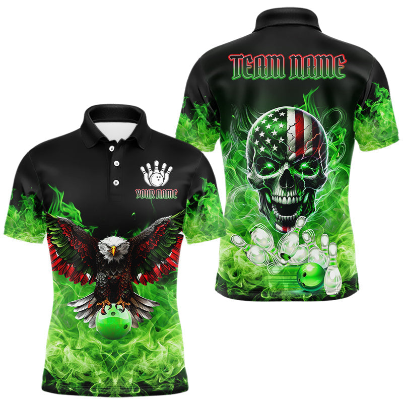 Blisscorners Green Flame Smoke American Flag Eagle Skull Mens Bowling Shirts Custom Patriotic Bowling Team Jersey MT707