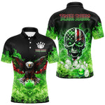 Blisscorners Green Flame Smoke American Flag Eagle Skull Mens Bowling Shirts Custom Patriotic Bowling Team Jersey MT707