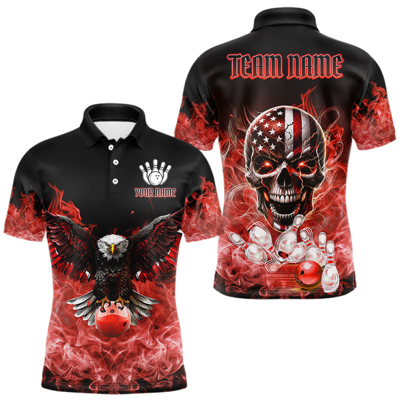Blisscorners Red Flame Smoke American Flag Eagle Skull Mens Bowling Shirts Custom Patriotic Bowling Team Jersey MT707