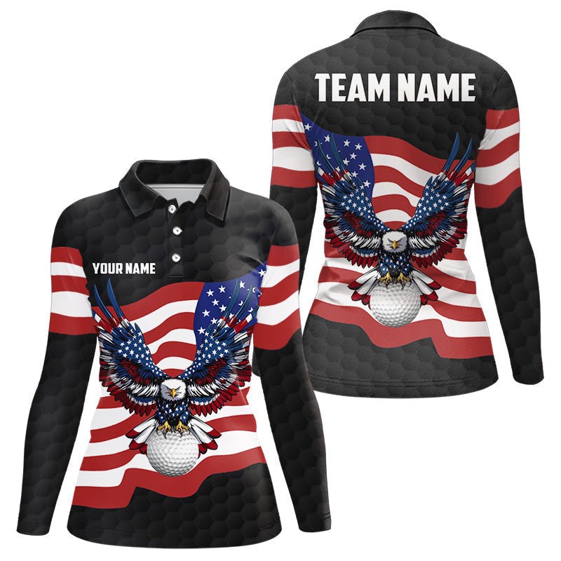 Blisscorners Black Golf pattern American Flag Eagle Men golf polo shirts Custom patriotic golf attire for mens