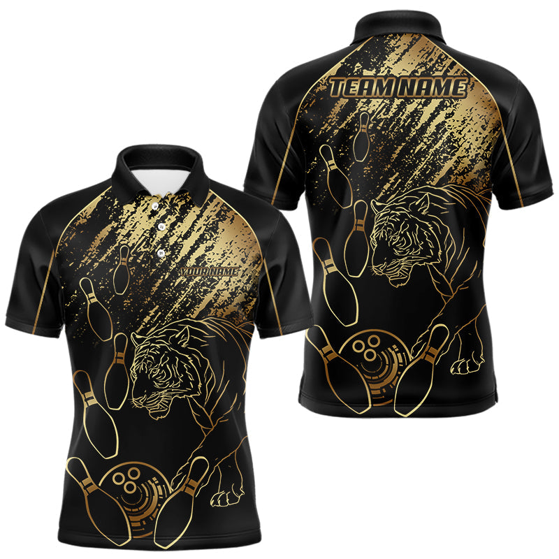 Blisscorners Personalized Black and Gold Tiger Bowling Polo, Quarter Zip Shirts For Men Custom Bowling Team Jersey MT707