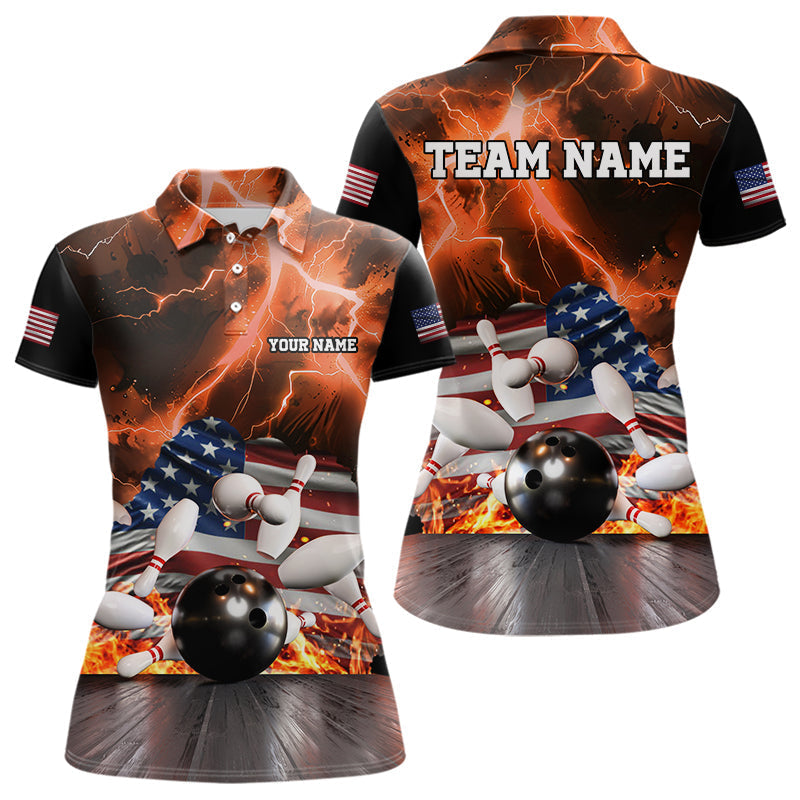 Blisscorners Orange Lightning thunder storm American Flag Bowling Shirt For Men Custom Bowling Team League Jerseys LM2007