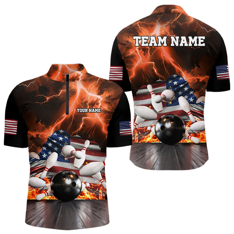 Blisscorners Orange Lightning thunder storm American Flag Bowling Shirt For Men Custom Bowling Team League Jerseys LM2007