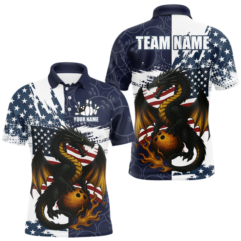 Blisscorners Red, White and Blue American Flag Dragon Bowling Shirts For Men Custom Patriotic Bowling Team Jerse LM2007