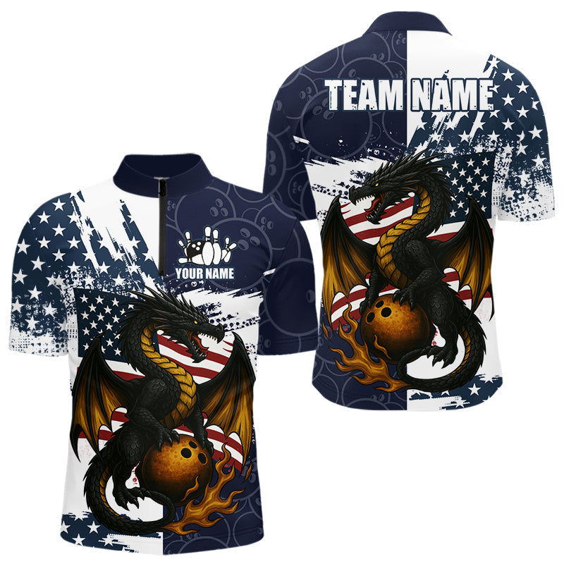 Blisscorners Red, White and Blue American Flag Dragon Bowling Shirts For Men Custom Patriotic Bowling Team Jerse LM2007