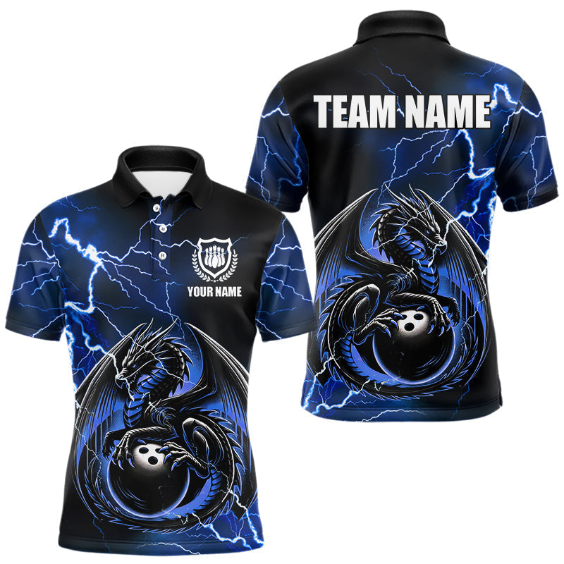Blisscorners Personalized Black And Blue Thunder Lightning Dragon Bowling Shirts For Men, Bowling Team Uniform LM2007