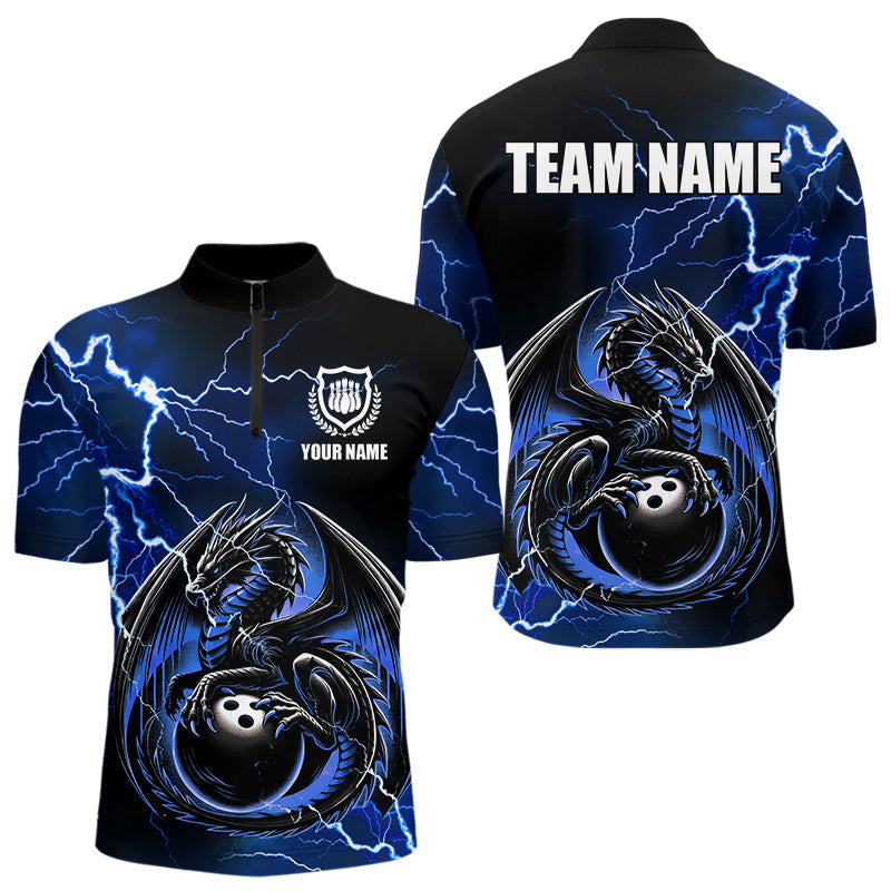Blisscorners Personalized Black And Blue Thunder Lightning Dragon Bowling Shirts For Men, Bowling Team Uniform LM2007