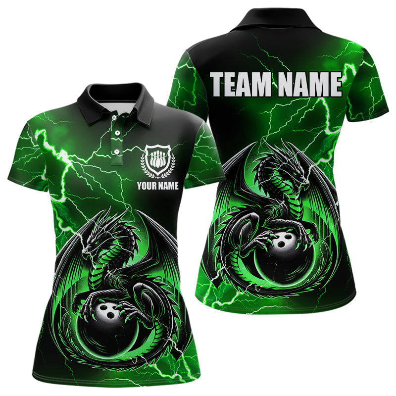 Blisscorners Personalized Black And Green Thunder Lightning Dragon Bowling Shirts For Men, Bowling Team Uniform LM2007