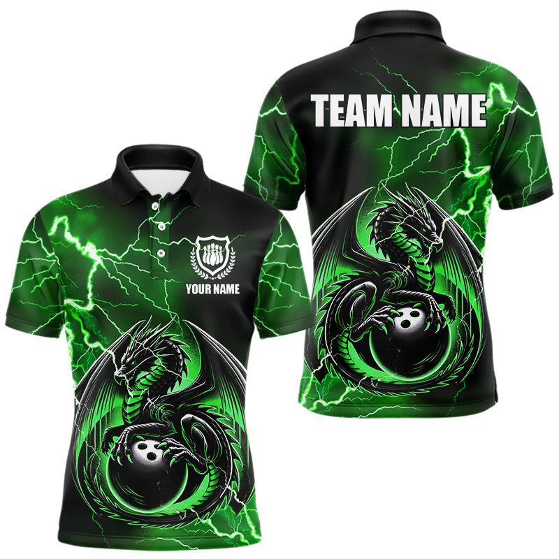 Blisscorners Personalized Black And Green Thunder Lightning Dragon Bowling Shirts For Men, Bowling Team Uniform LM2007