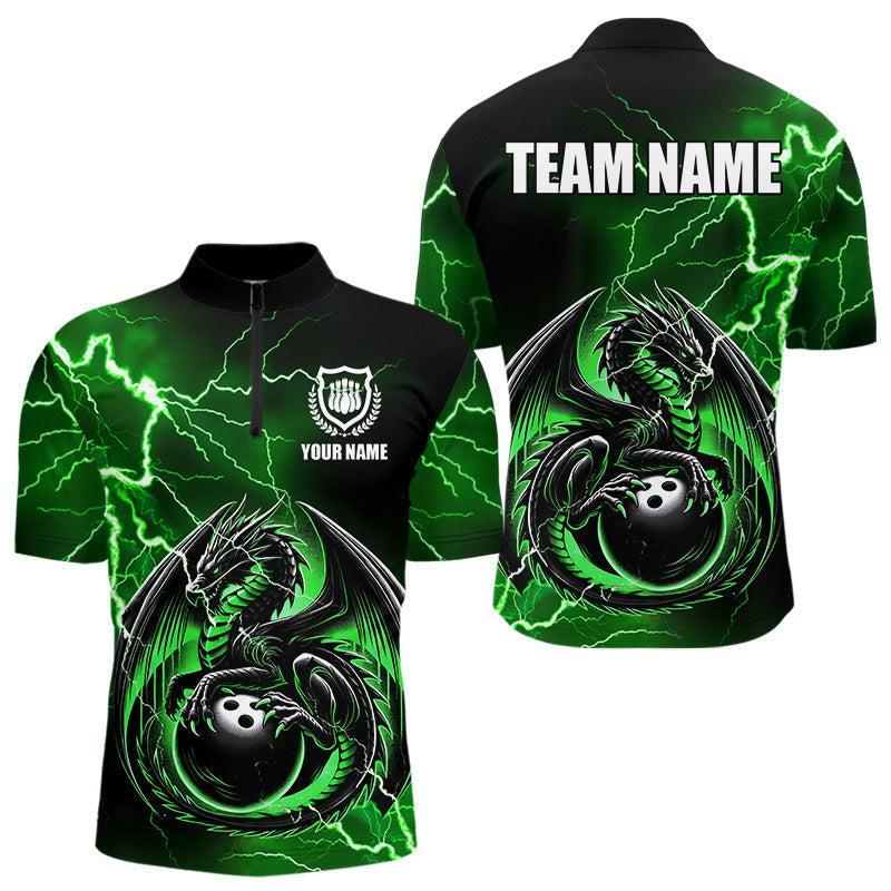 Blisscorners Personalized Black And Green Thunder Lightning Dragon Bowling Shirts For Men, Bowling Team Uniform LM2007
