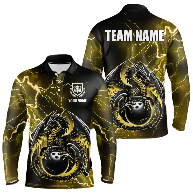 Blisscorners Personalized Black And Yellow Thunder Lightning Dragon Bowling Shirts For Men, Bowling Team Uniform LM2007