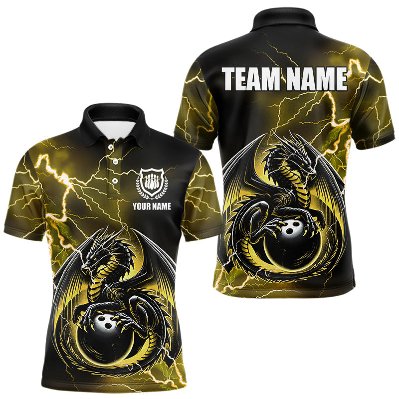 Blisscorners Personalized Black And Yellow Thunder Lightning Dragon Bowling Shirts For Men, Bowling Team Uniform LM2007