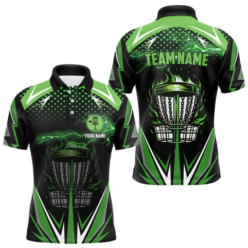 Blisscorners Black Mens disc golf polo shirts custom green fire lightning team disc golf jersey, unique golf gifts LM3006