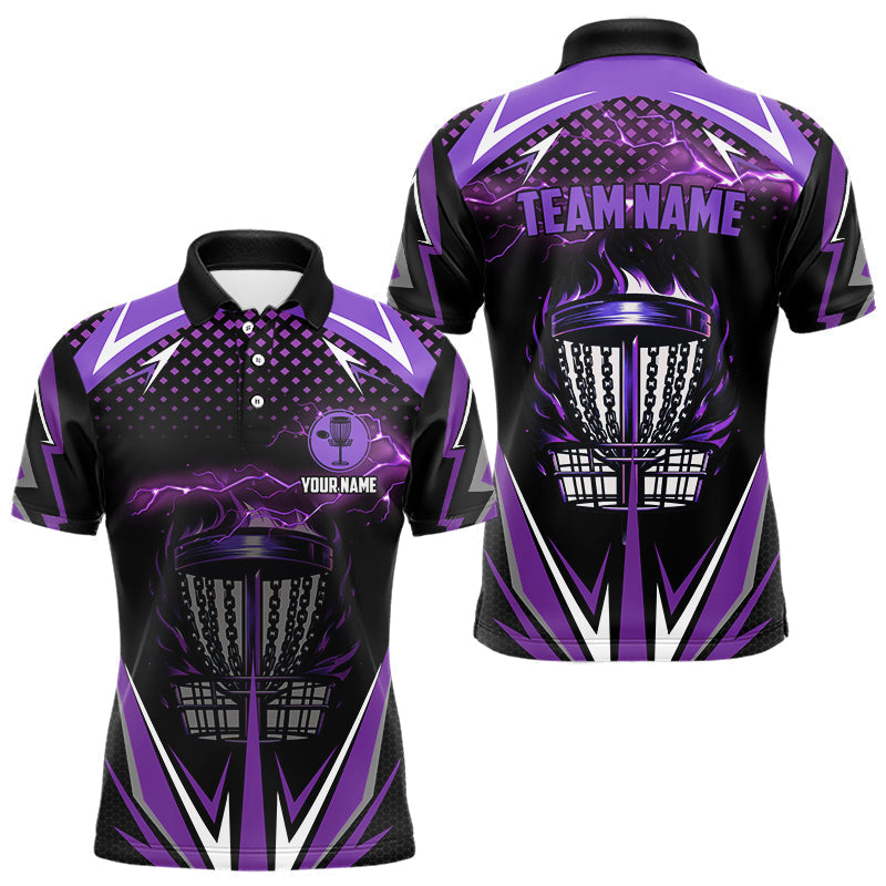 Blisscorners Black Mens disc golf polo shirts custom purple fire lightning team disc golf jersey, unique golf gift LM3006