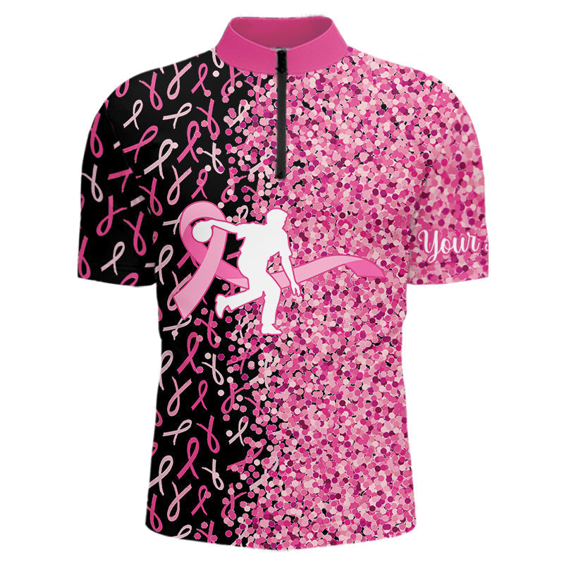 Blisscorners Pink glitter ribbon black Bowling Shirts For Men Custom Breast cancer bowling shirts gift for bowlers LM3006