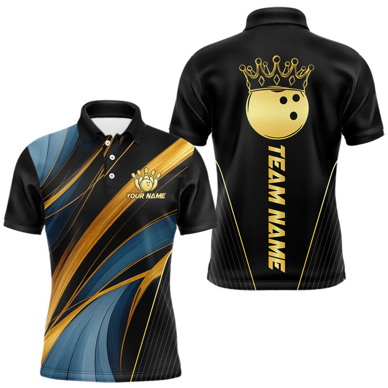 Blisscorners Blue and Gold Bowling ball Polo, Quarter Zip Shirts for Men Custom Bowling Outfit Team bowlers jersey