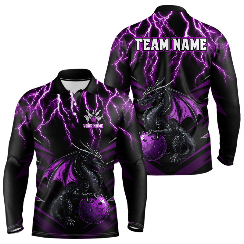 Blisscorners Black & Purple Lightning Thunder Dragon Bowling Shirt For Men Custom Dragon Bowling Team Shirt Uniform