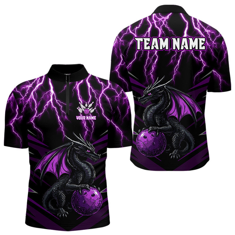 Blisscorners Black & Purple Lightning Thunder Dragon Bowling Shirt For Men Custom Dragon Bowling Team Shirt Uniform