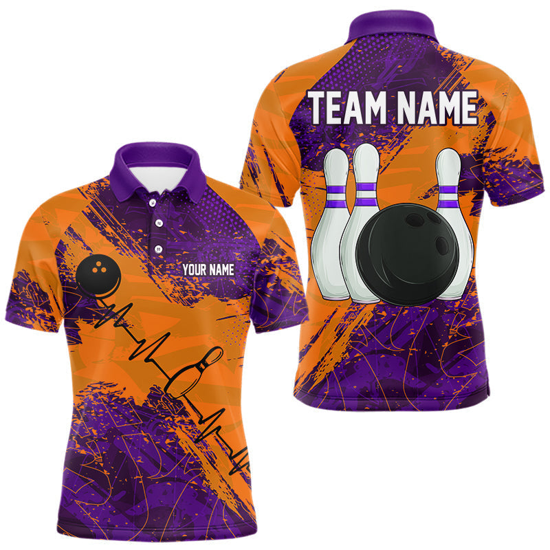 Blisscorners Orange & Purple Grunge Camo Heartbeat Bowling Polo, 1/4 Zip Shirt For Men Custom Bowling Team Jersey