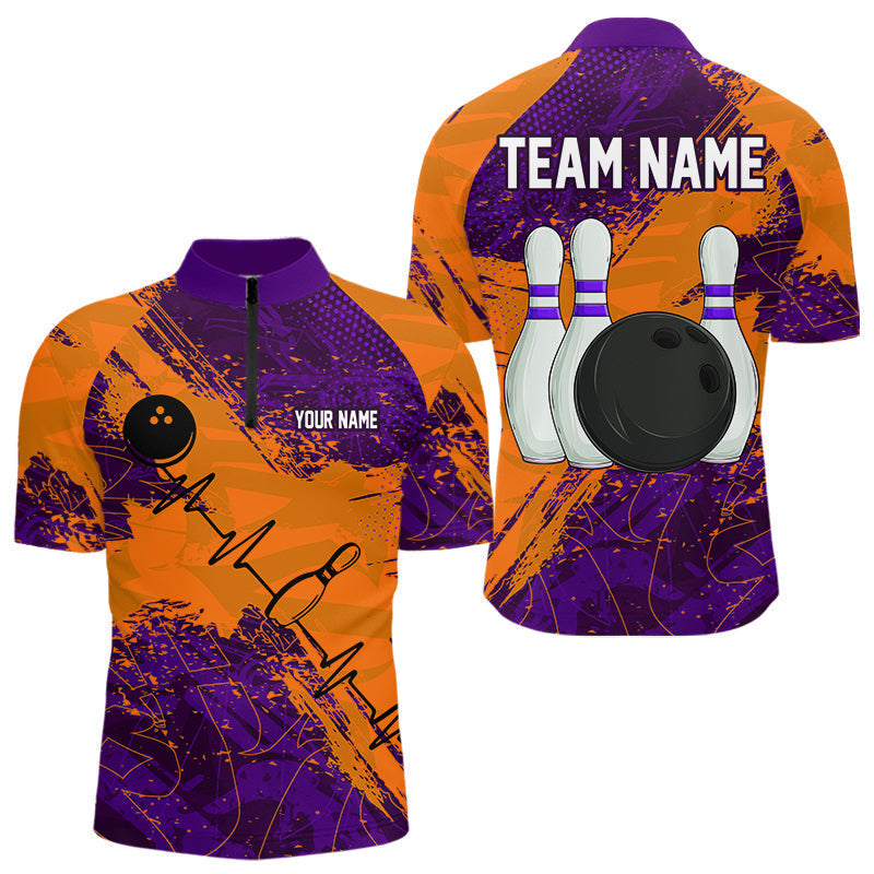 Blisscorners Orange & Purple Grunge Camo Heartbeat Bowling Polo, 1/4 Zip Shirt For Men Custom Bowling Team Jersey