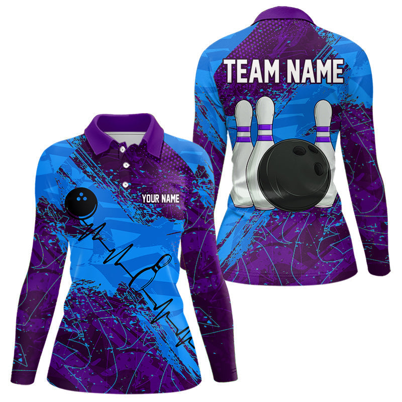 Blisscorners Blue and Purple Grunge Camo Heartbeat Bowling Polo, 1/4 Zip Shirt For Men Custom Bowling Team Jersey