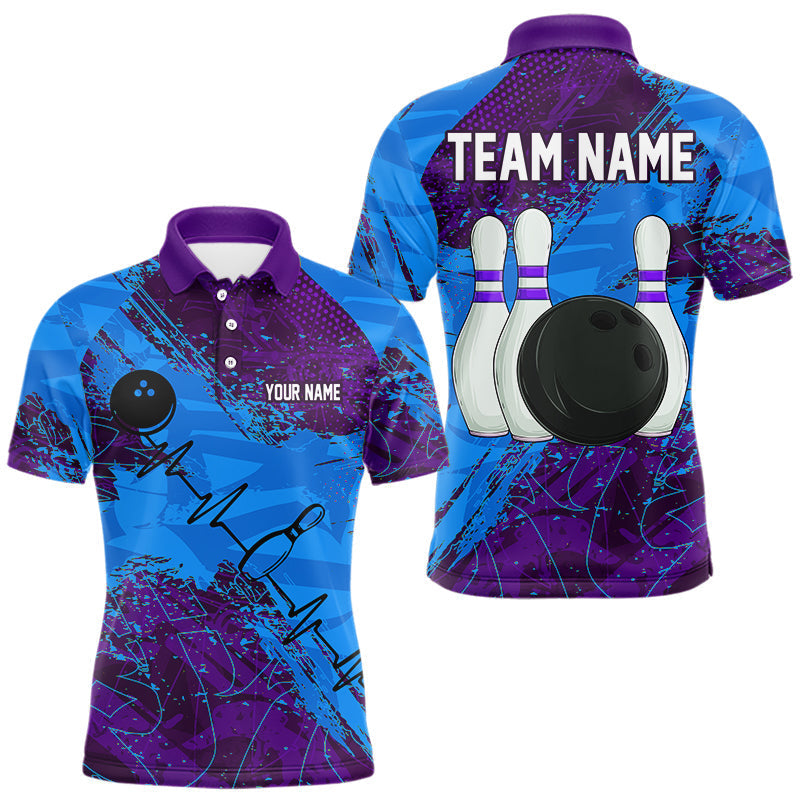 Blisscorners Blue and Purple Grunge Camo Heartbeat Bowling Polo, 1/4 Zip Shirt For Men Custom Bowling Team JerseyMT0306