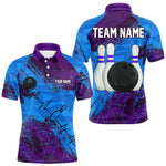 Blisscorners Blue and Purple Grunge Camo Heartbeat Bowling Polo, 1/4 Zip Shirt For Men Custom Bowling Team Jersey