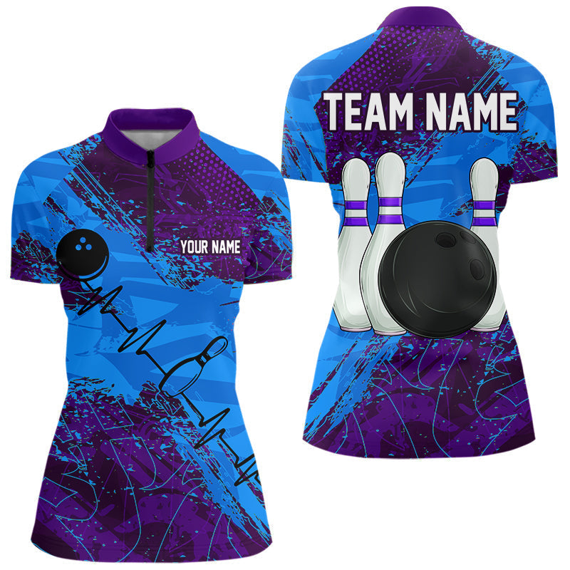 Blisscorners Blue and Purple Grunge Camo Heartbeat Bowling Polo, 1/4 Zip Shirt For Men Custom Bowling Team Jersey