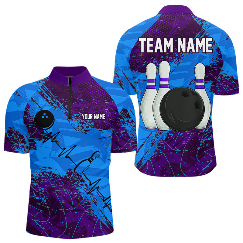 Blisscorners Blue and Purple Grunge Camo Heartbeat Bowling Polo, 1/4 Zip Shirt For Men Custom Bowling Team Jersey