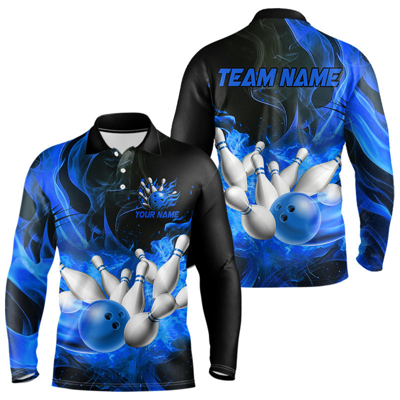Blisscorners Black And Blue Flame Custom Bowling Shirts For Men, Flame Bowling League Shirts Outfits